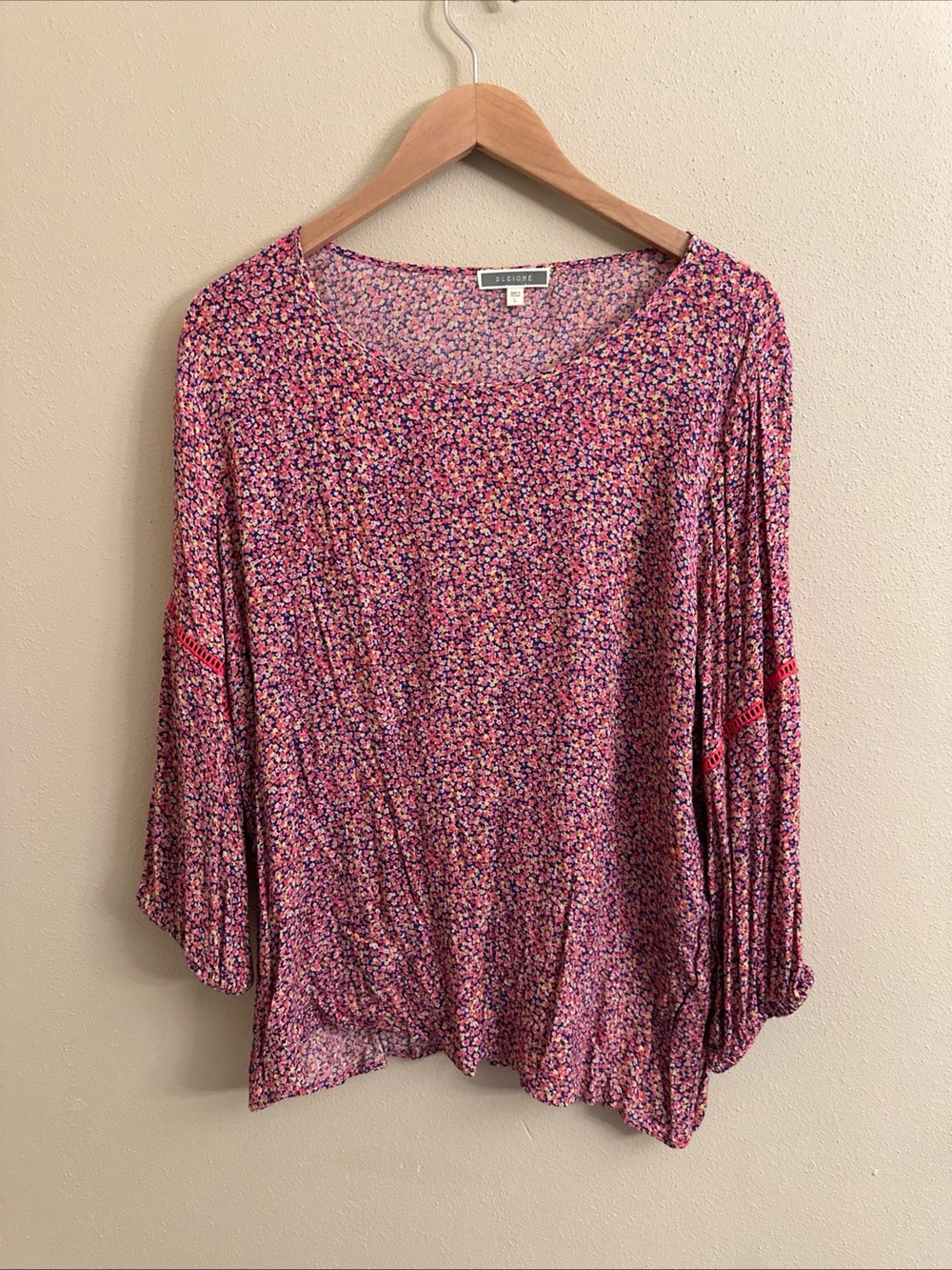 Pleione Ditsy Floral Boho Top Pink 3/4 Balloon Sleeves Crochet Cottage Size L